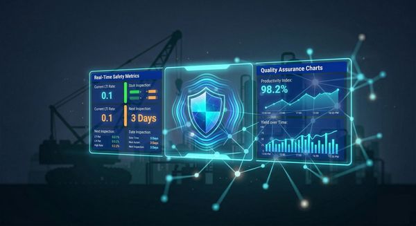 Digital safety and quality assurance metrics interface with graphs and inspection data.