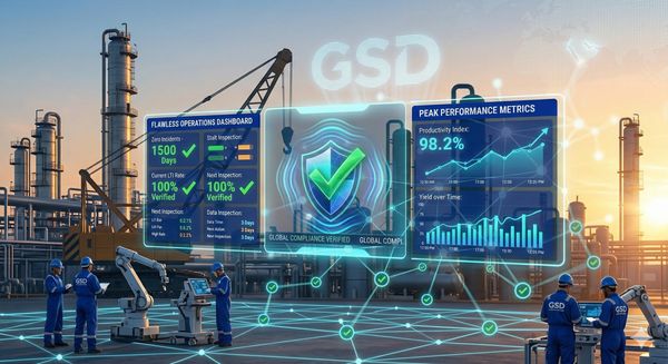 Industrial workers using advanced digital dashboards for monitoring performance and compliance at a refinery.