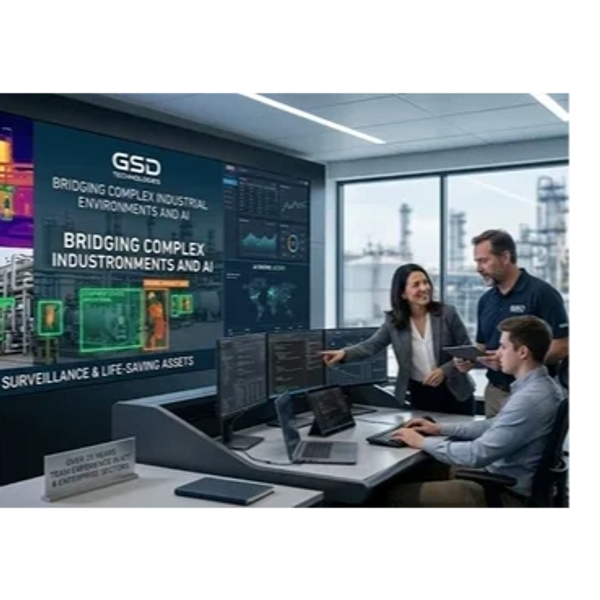 Team analyzing industrial AI and surveillance data in a modern control room.