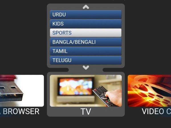 Menu showing language and category options including Sports, Urdu, and Kids on a TV interface.