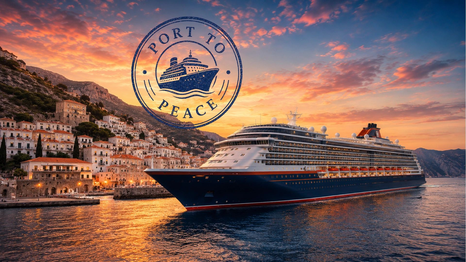 A cruise ship at sunset near a coastal town with a 'Port to Peace' stamp.