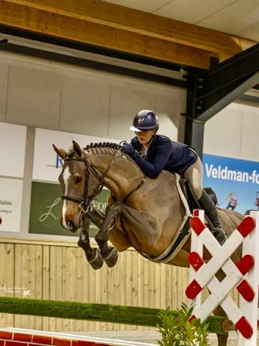 Equestrian rider and horse mid-jump during an indoor show jumping event.