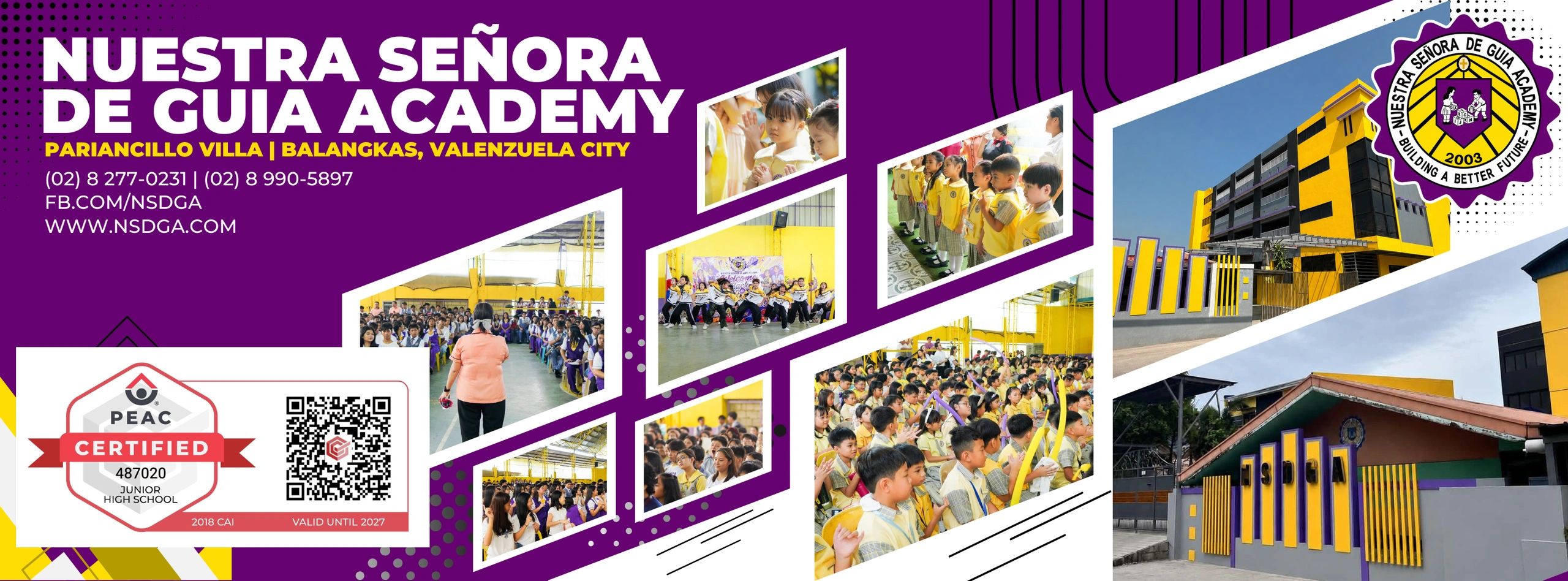 Nuestra Señora de Guia Academy promotional banner with school images.