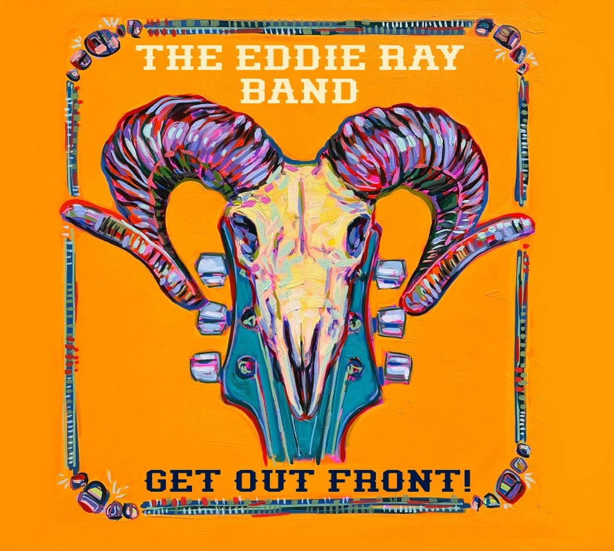 Colorful band poster with ram skull and guitar.