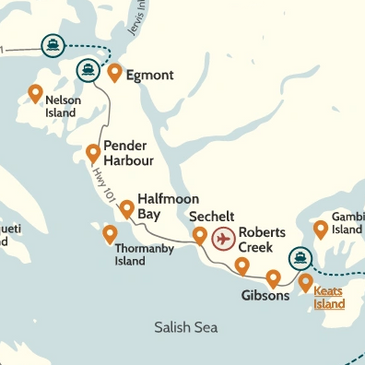 Image of Lower Sunshine Coast showing the area that Sechelt Taxi Services. 