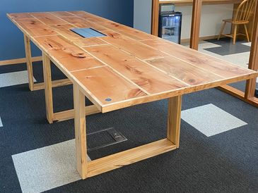 Boardroom table crafted from Myrtle, Tasmanian Oak and Stringy Bark