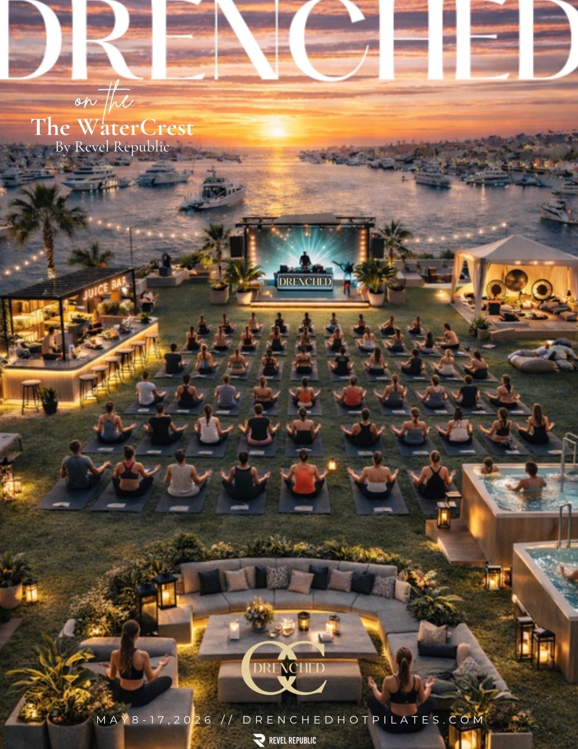 Sunset Pilates session by the water with a juice bar and hot tubs.
