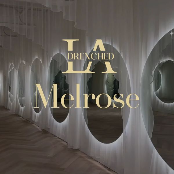 Artistic installation with circular mirrors and sheer curtains, titled 'LA Drenched Melrose'.