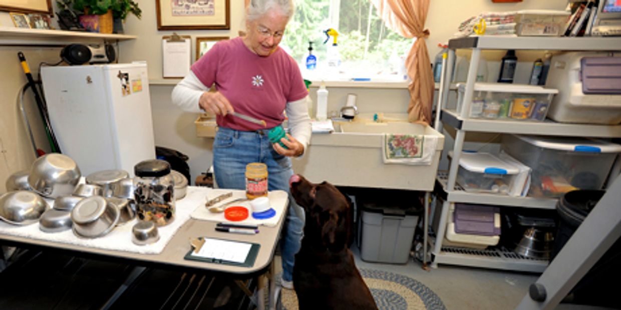 A grandma making food in the kitchen