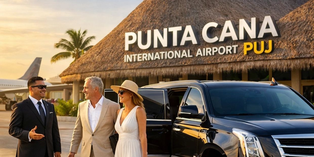 Happy couple greeted by driver at Punta Cana International Airport.
