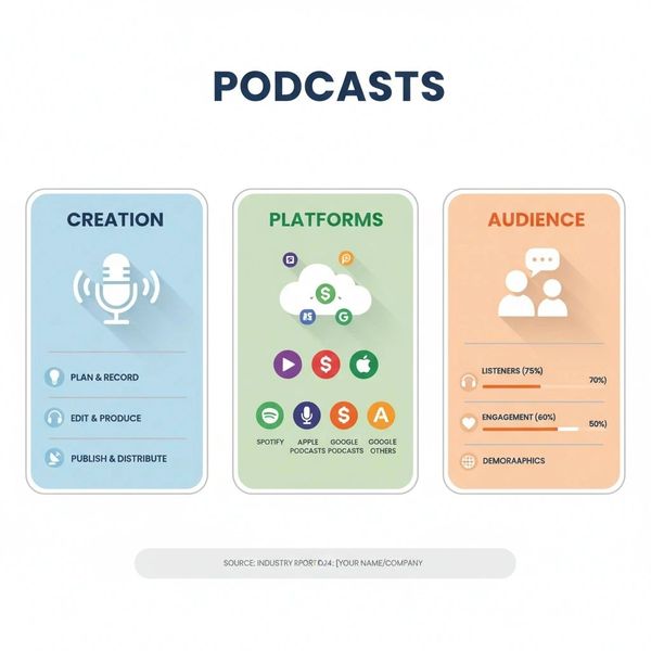 Podcast creation, platforms, and audience engagement infographic.