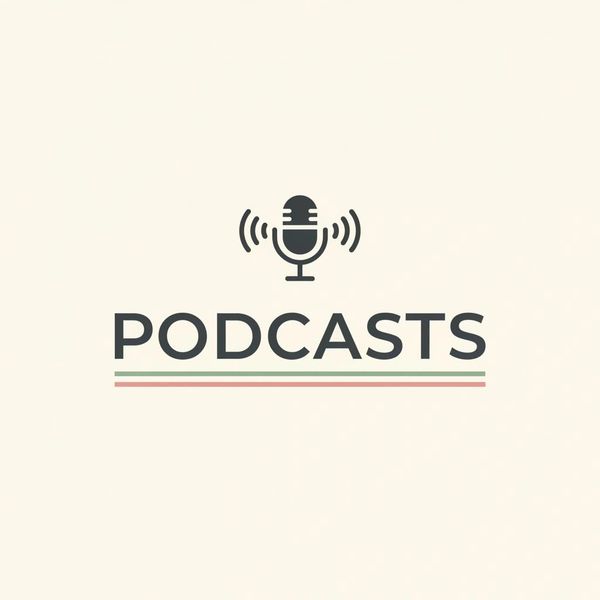 Minimalist podcast logo with microphone and sound waves.