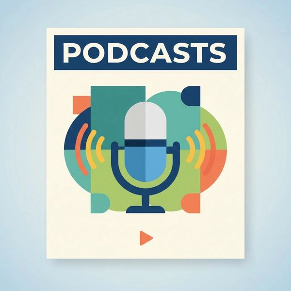 Colorful podcast logo featuring a microphone and sound waves.