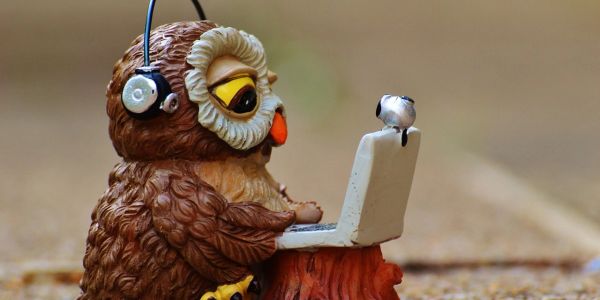 A small owl figurine wearing headphones, using a laptop on a tree stump.