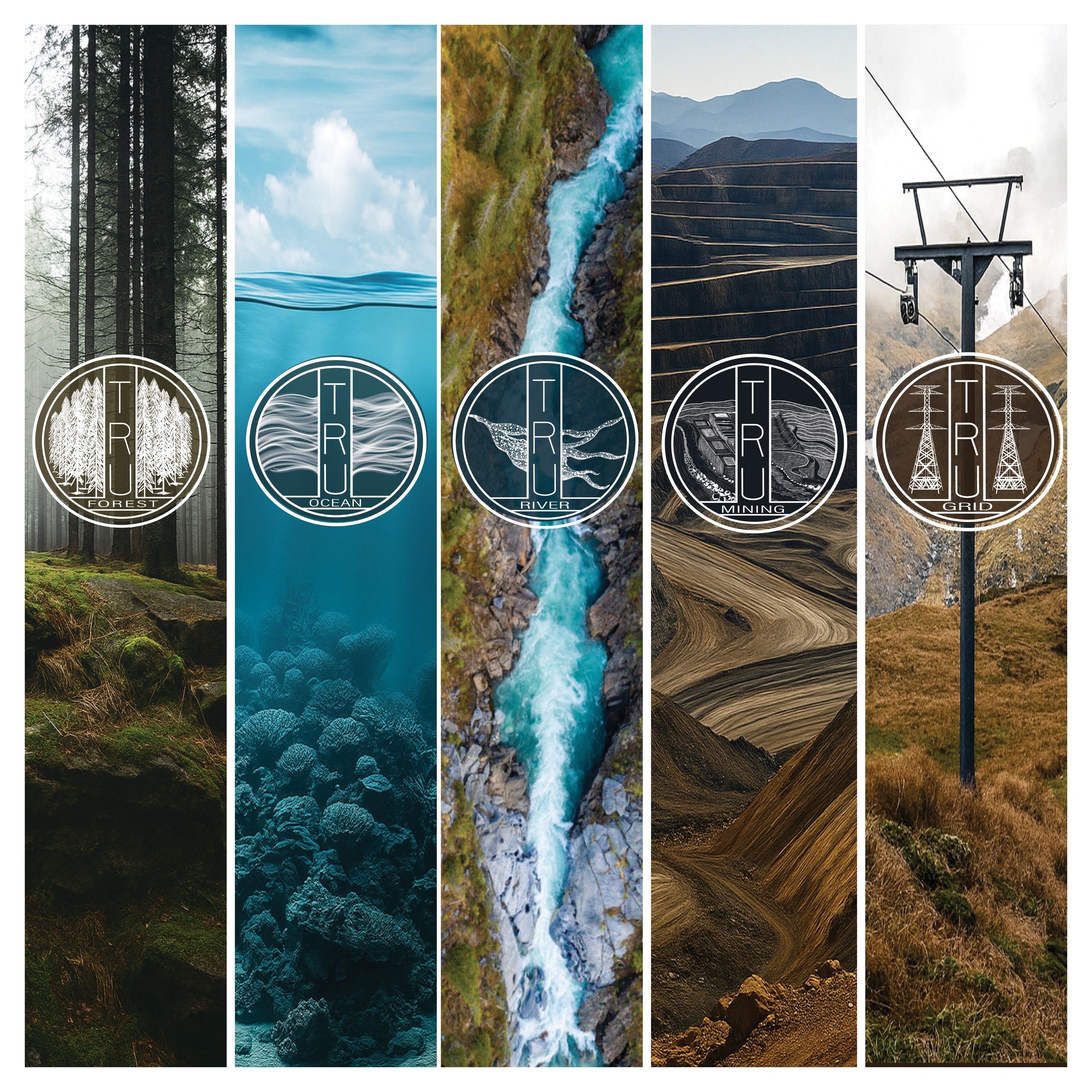 Five vertical panels showing forest, ocean, river, mining, and power grid landscapes.