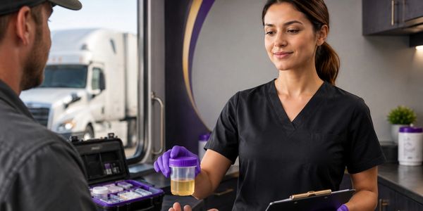 Healthcare worker holding a urine sample.