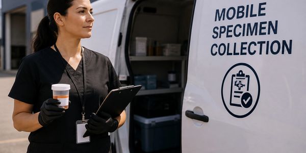 Healthcare worker holding a specimen cup next to a mobile collection van.