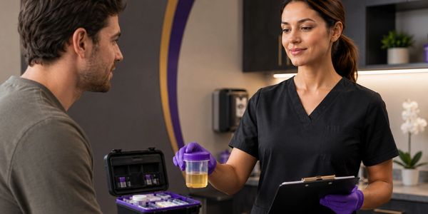 Healthcare worker handing a urine sample to a man.