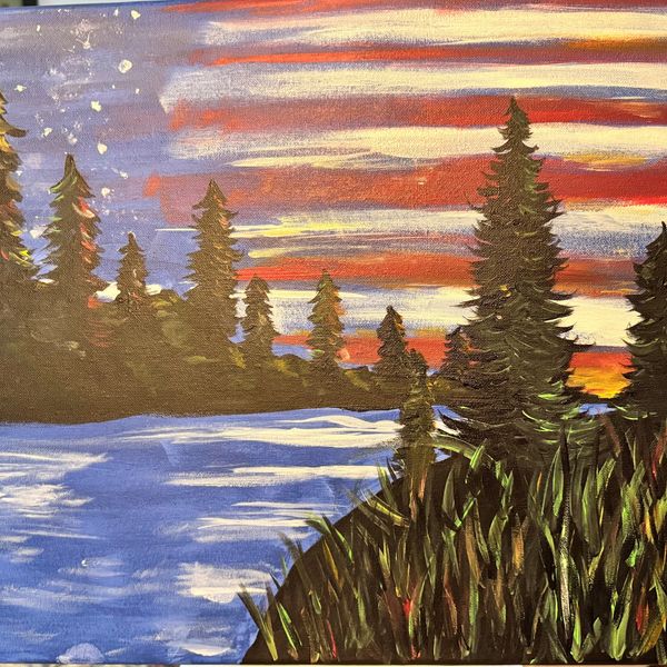 American flag with tree scenery