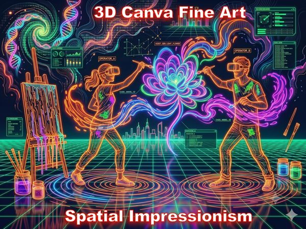 Two people create 3D digital art with VR headsets in a neon futuristic space.