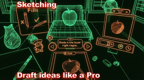 Neon wireframe drawing tutorial scene with apple and text overlay.
