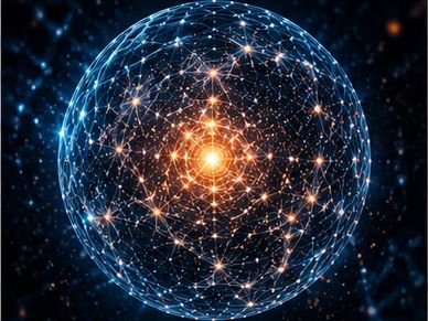 Glowing interconnected network forming a luminous sphere in space.