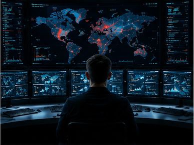 Person analyzes global data on multiple screens in a dark room.