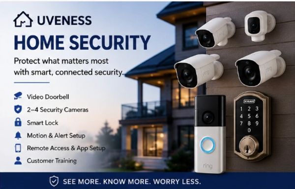 Advertisement for UVENESS home security system with cameras and doorbell.