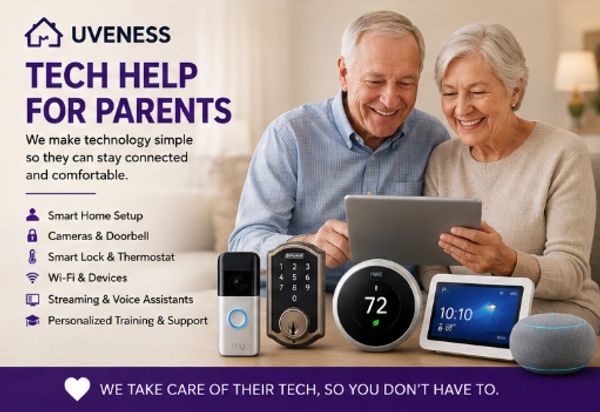 Senior couple using tablet with tech help for parents by Uveness.