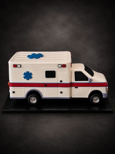 A detailed toy ambulance on a black base.