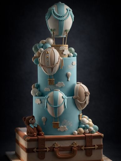 A whimsical hot air balloon themed cake with a teddy bear on a suitcase base.