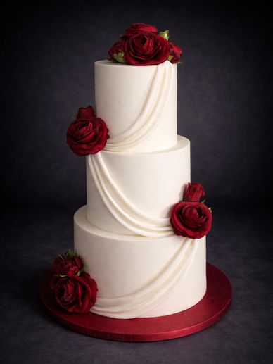 Elegant three-tier white cake with red roses.
