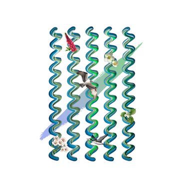 Vertical blue and green spirals with various small animals and plants.