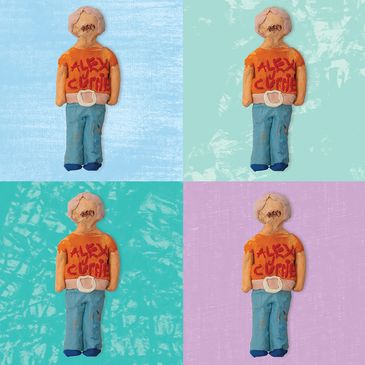 Four clay figurines of a man with Alex Currie shirt in different colored backgrounds.