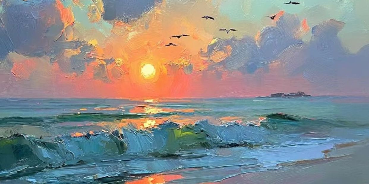 Sunset over ocean waves with birds flying above the sea.