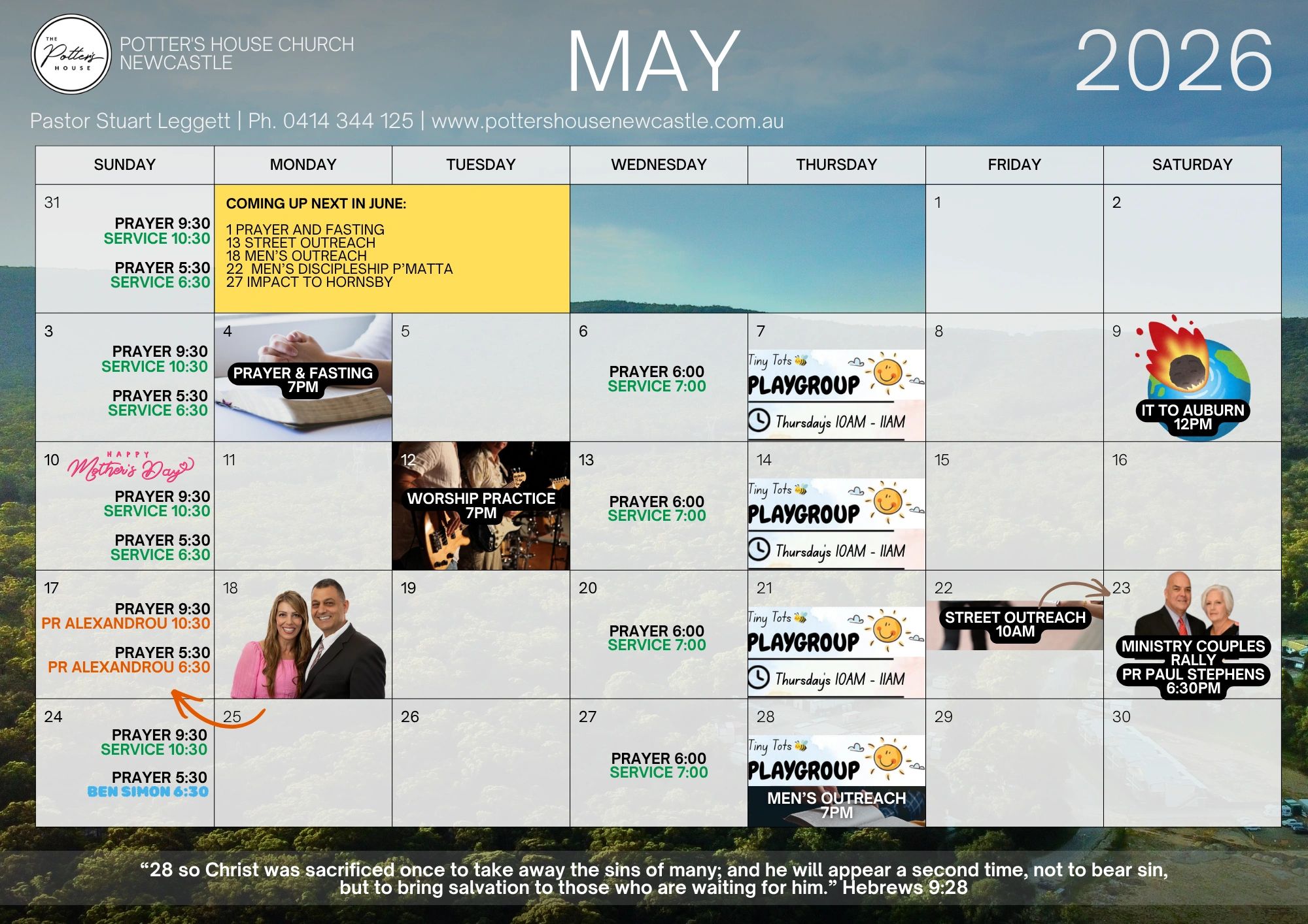 Calendar for Potter's House Church Newcastle, May 2026, with prayer, services, and events.