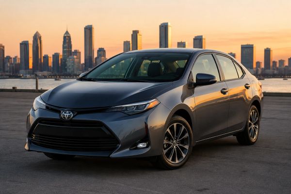 Sleek gray Toyota sedan at sunset with city skyline.