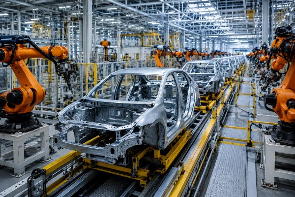 Robotic arms assembling car frames in a factory.