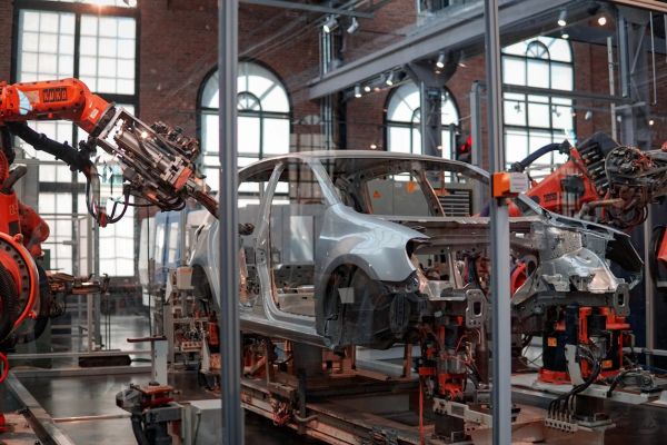 Robotic arms assembling a car frame in a factory.