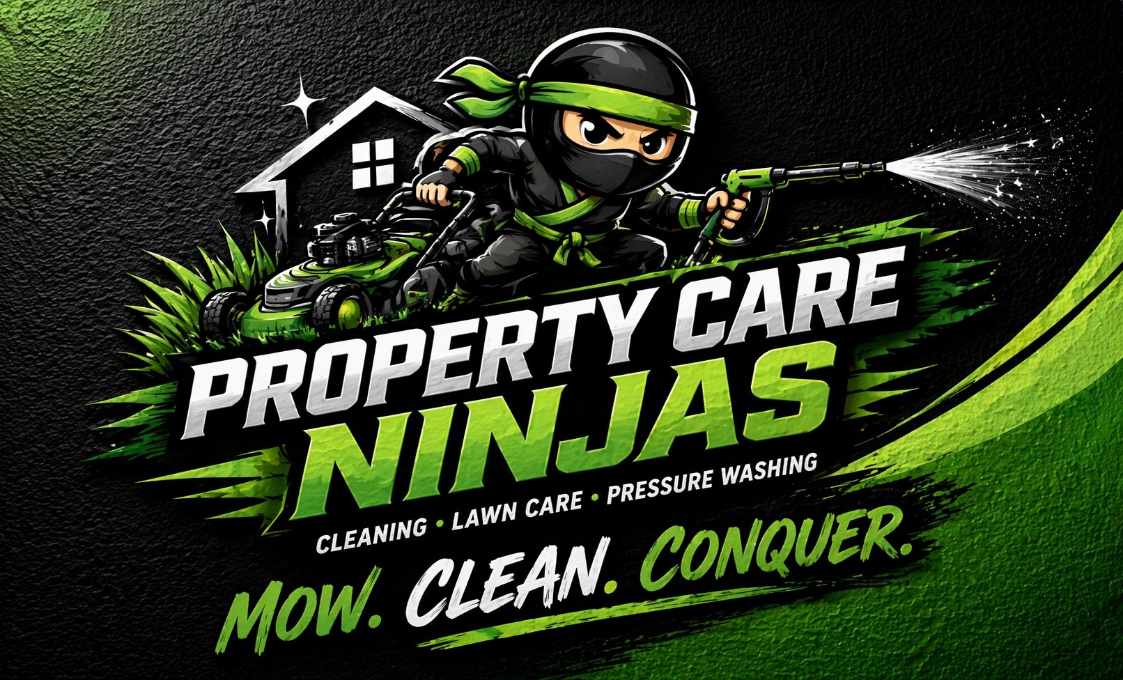 Logo for Property Care Ninjas featuring a ninja with lawn care tools.