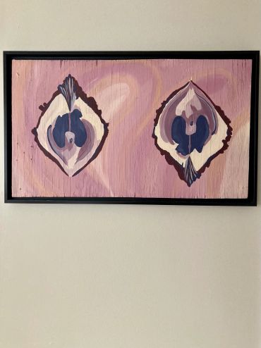 Abstract painting with two symmetrical, organic shapes in purple and white tones.