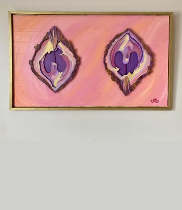 Abstract painting of two purple and pink shapes on a peach background.