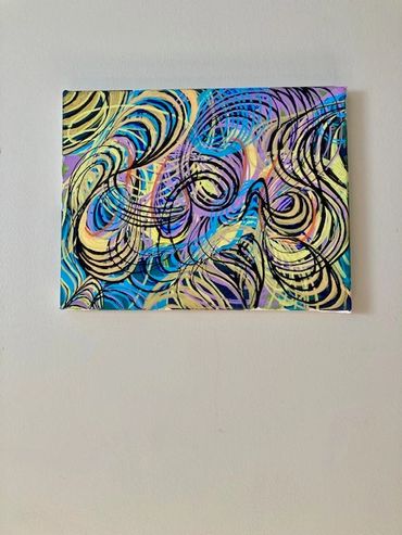 Abstract painting with swirling patterns in blue, purple, and yellow hues.