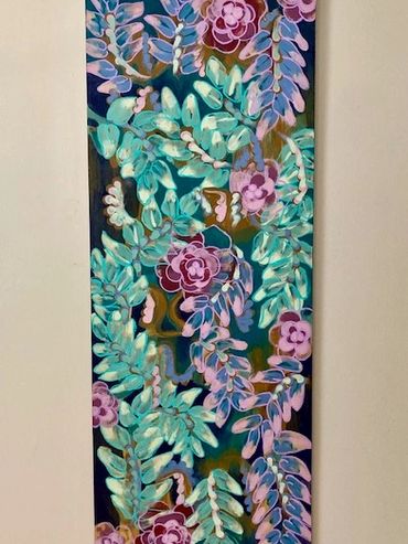 Vertical painting of pastel flowers and leaves on a dark background.