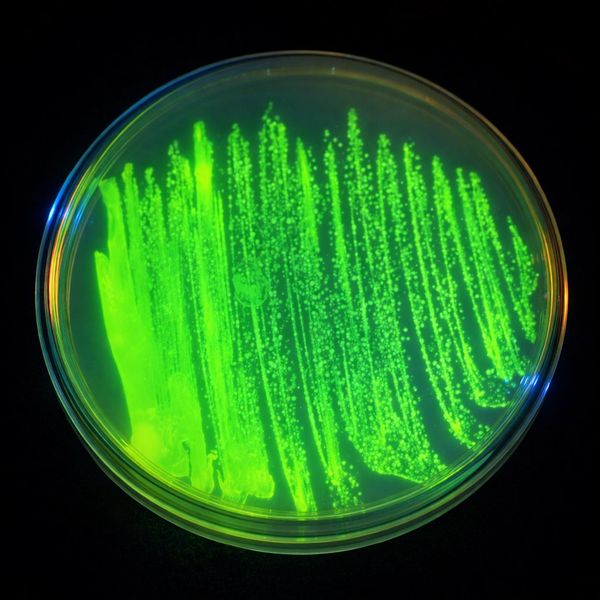 Glowing green bacteria colonies grown in a petri dish under UV light.