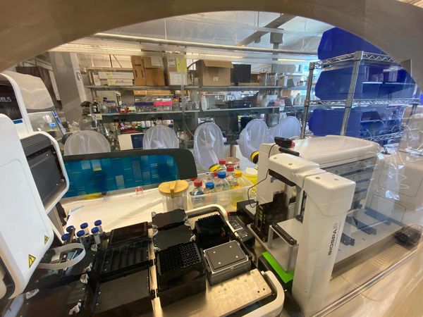 A modern lab workspace with automated scientific equipment and samples.