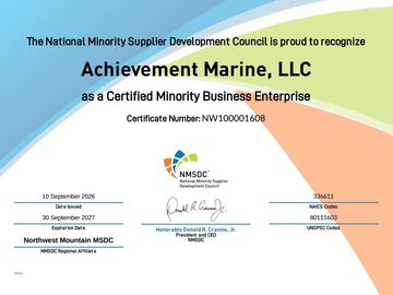 Certificate recognizing Achievement Marine, LLC as a certified minority business.