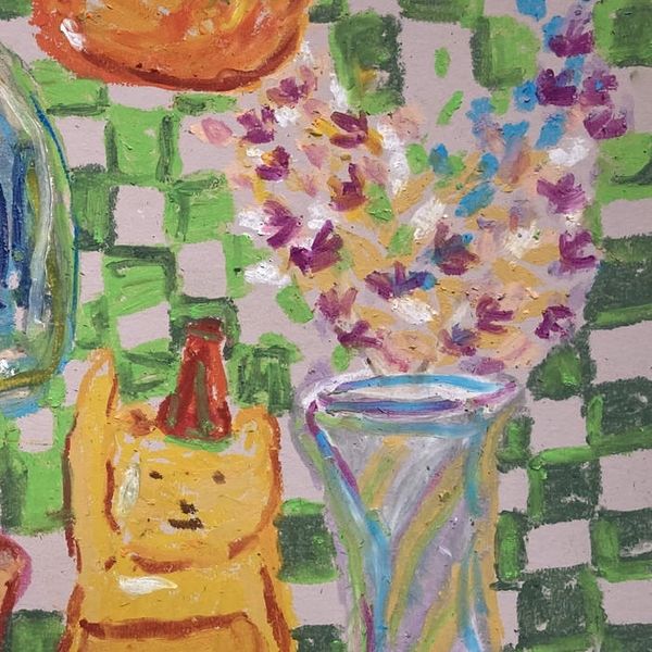 Colourful still life painting with orange flower, purple blooms, bear-shaped honey jar on green chec