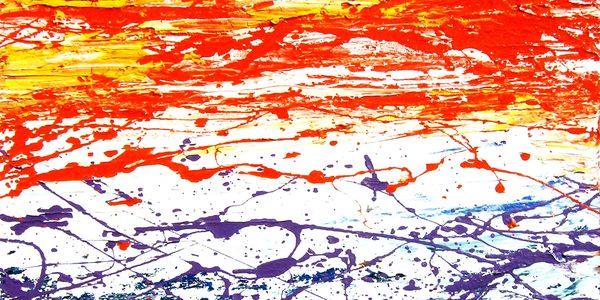 Splash Impressionism painting of a California sunset with vibrant red, yellow, and purple splashes.