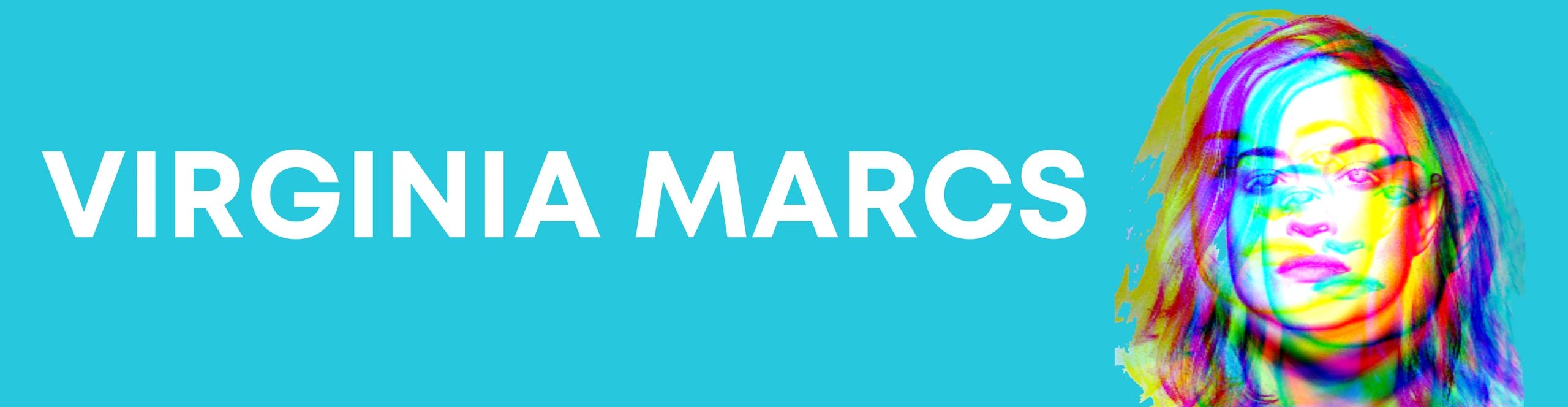 Text reading "Virginia Marcs" beside an image of the artist's face rendered in neon colors.